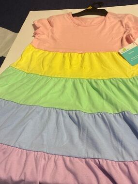 Pastel Rainbow Tiered Kids Dress - Pink, Yellow, Green, Blue -